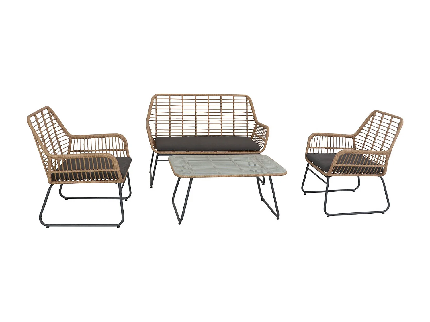 Salon de jardin MARÉ en résine tressée 4 places - coussins gris - HAPPY GARDEN