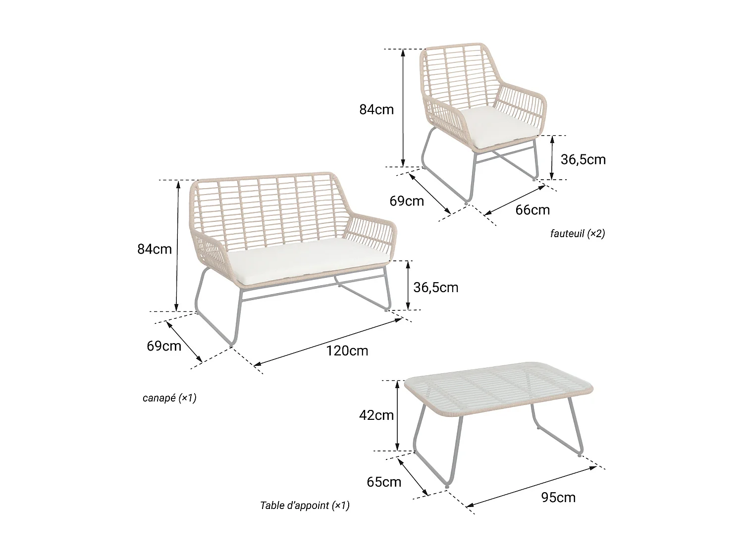 Conjunto de jardín MARÉ en resina trenzada 4 personas cojines grises