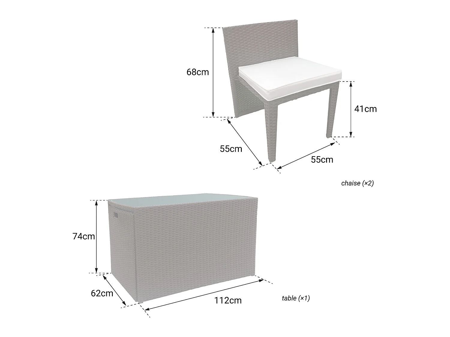 SANTORIN grijs gevlochten kunststof inbouw tuinmeubelen voor 2 - grijze kussens