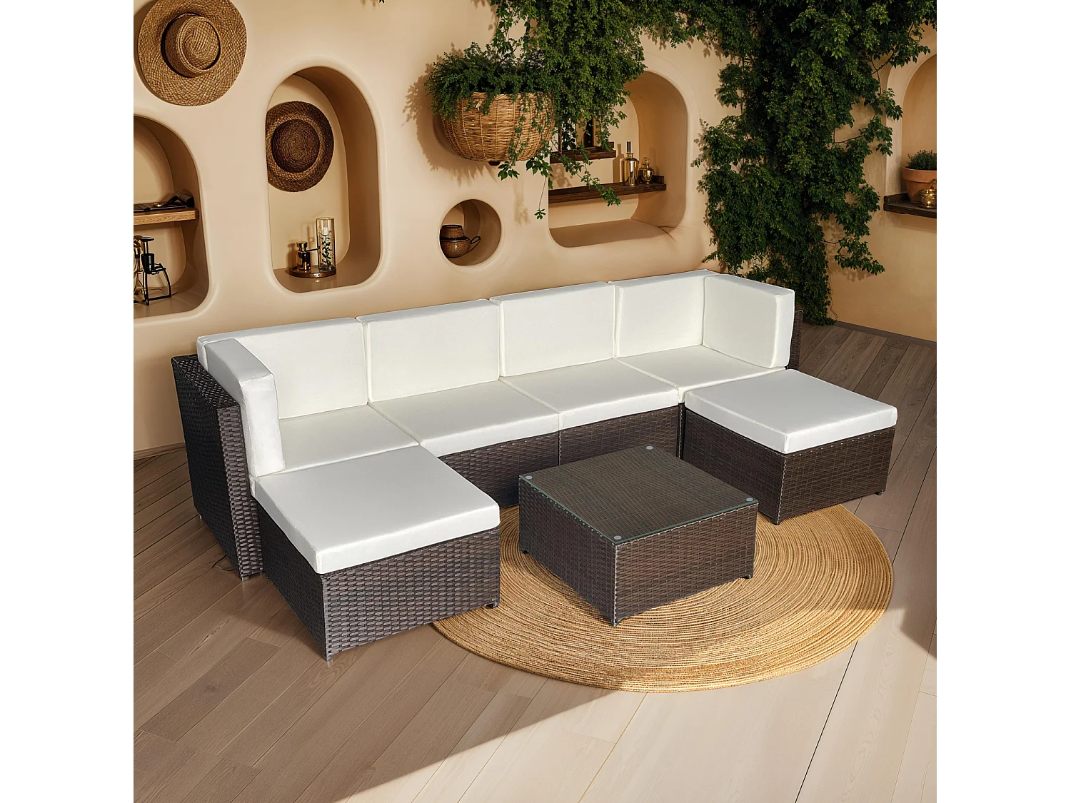 BONIFACIO set 6 posti in resina intrecciata marrone - cuscino crema