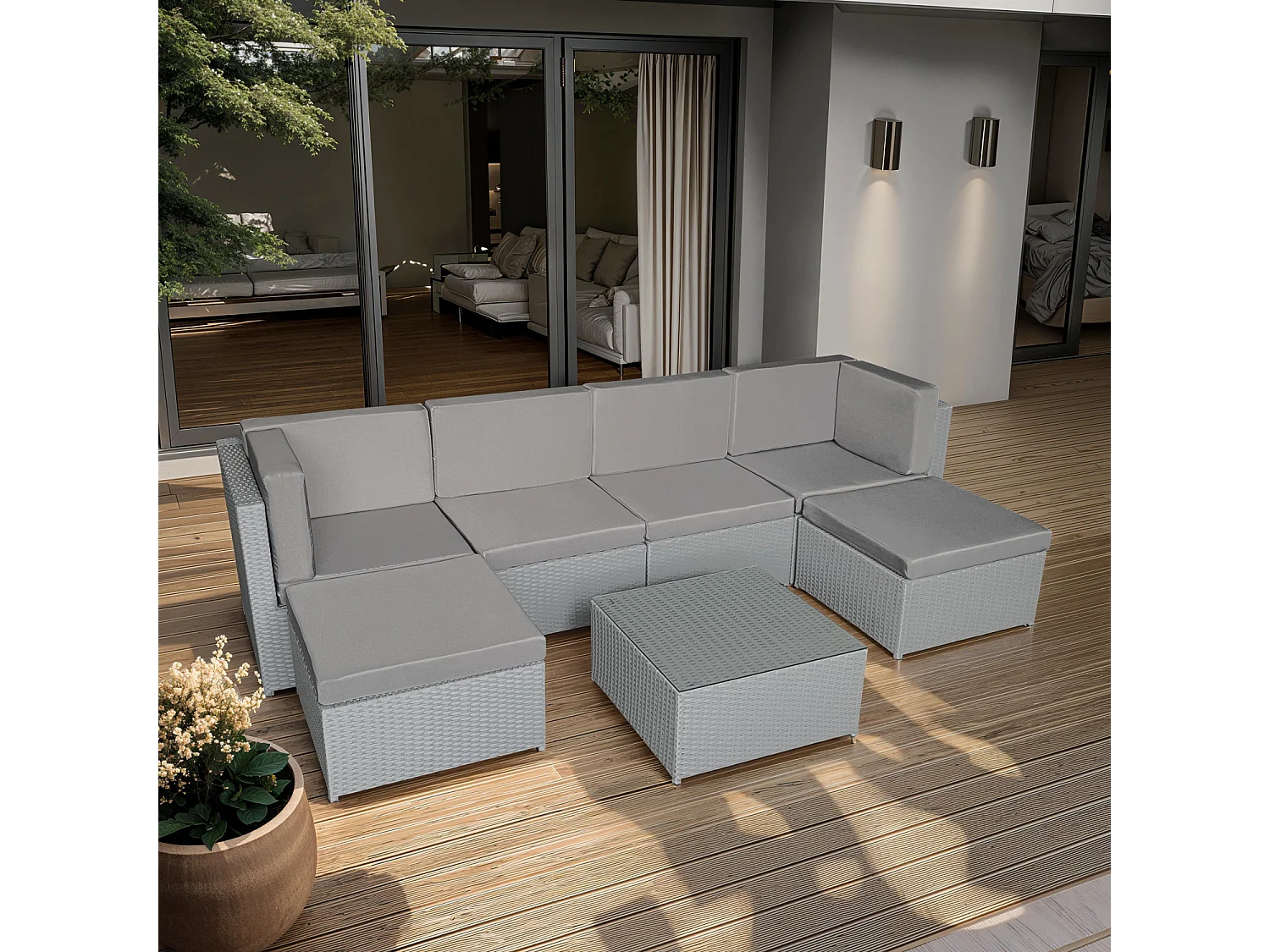 BONIFACIO grijs gevlochten kunststof tuinmeubelset 6 zitplaatsen - grijs kussen