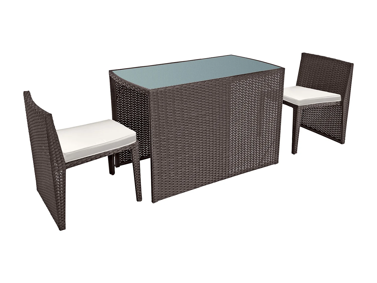 SANTORIN bruin gevlochten kunststof inbouw tuinmeubelen voor 2 - ivoorkleurige kussens