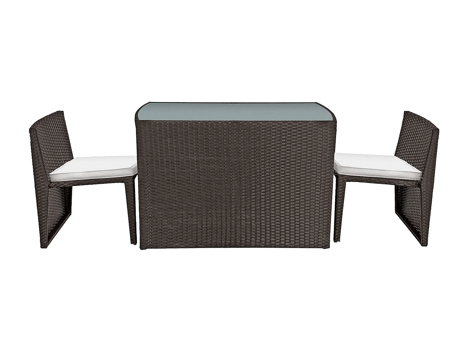 SANTORIN bruin gevlochten kunststof inbouw tuinmeubelen voor 2 - ivoorkleurige kussens