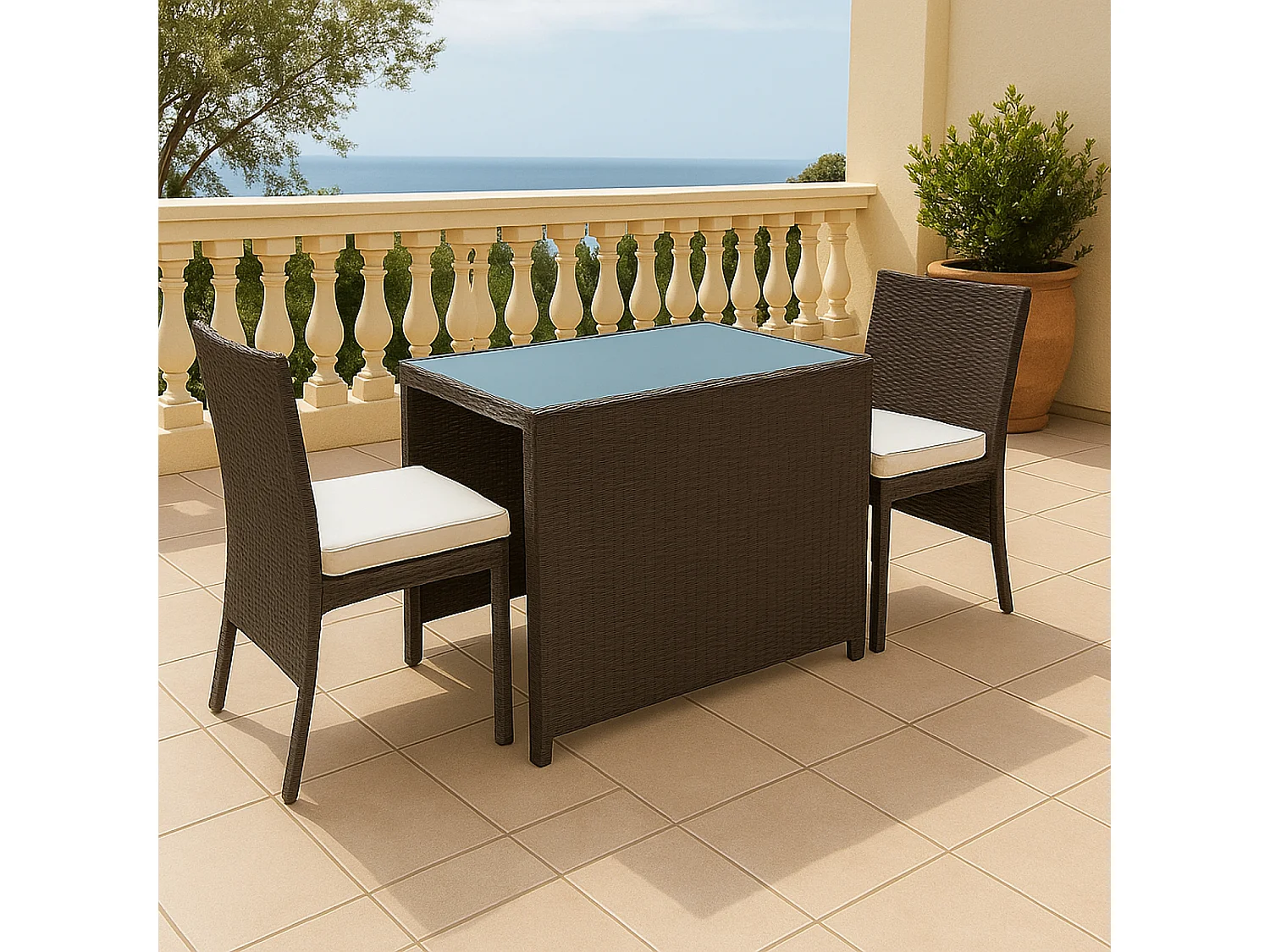 Salon de jardin encastrable SANTORIN en résine tressée marron 2 places - coussins ivoire - HAPPY GARDEN