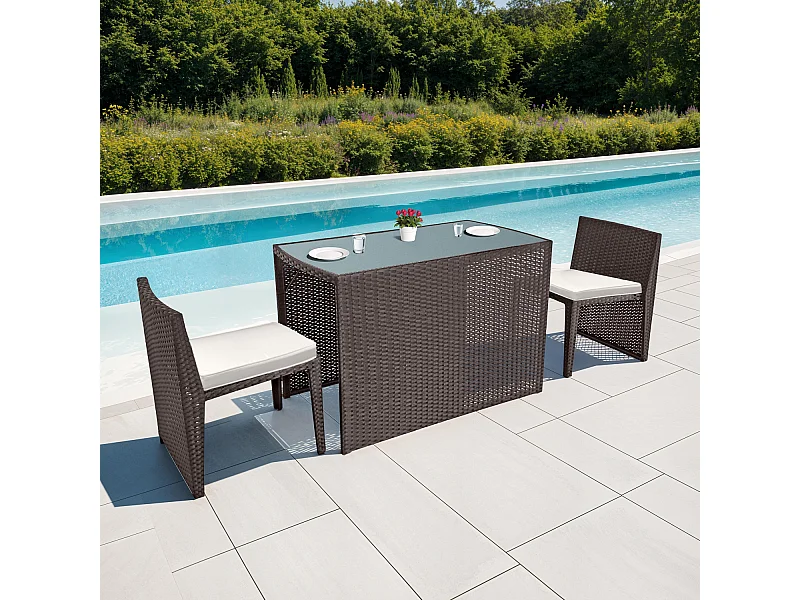 Einbau-Gartenmöbel SANTORIN aus braunem Harzgeflecht, 2 Sitzplätze - elfenbeinfarbene Kissen