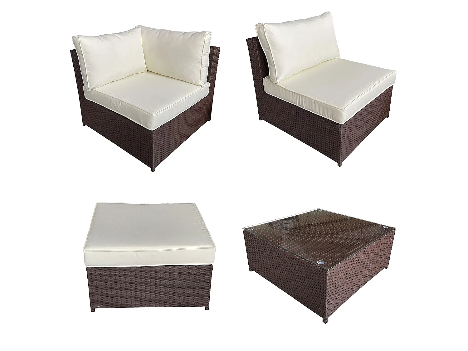 Salon de jardin CARGÈSE en résine tressée marron 7 places - coussins ivoire - HAPPY GARDEN