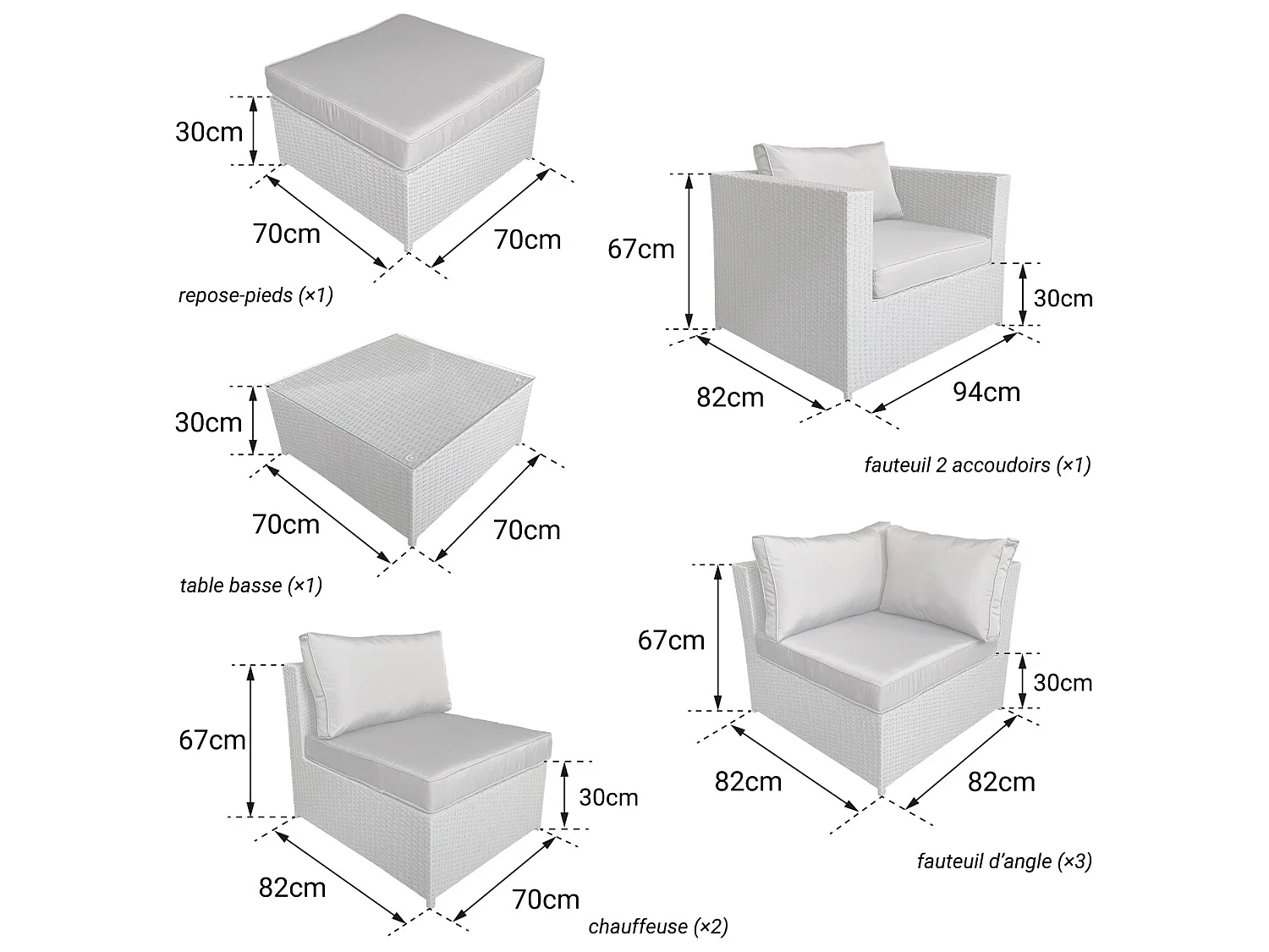 Salon de jardin CARGÈSE en résine tressée marron 7 places - coussins ivoire - HAPPY GARDEN