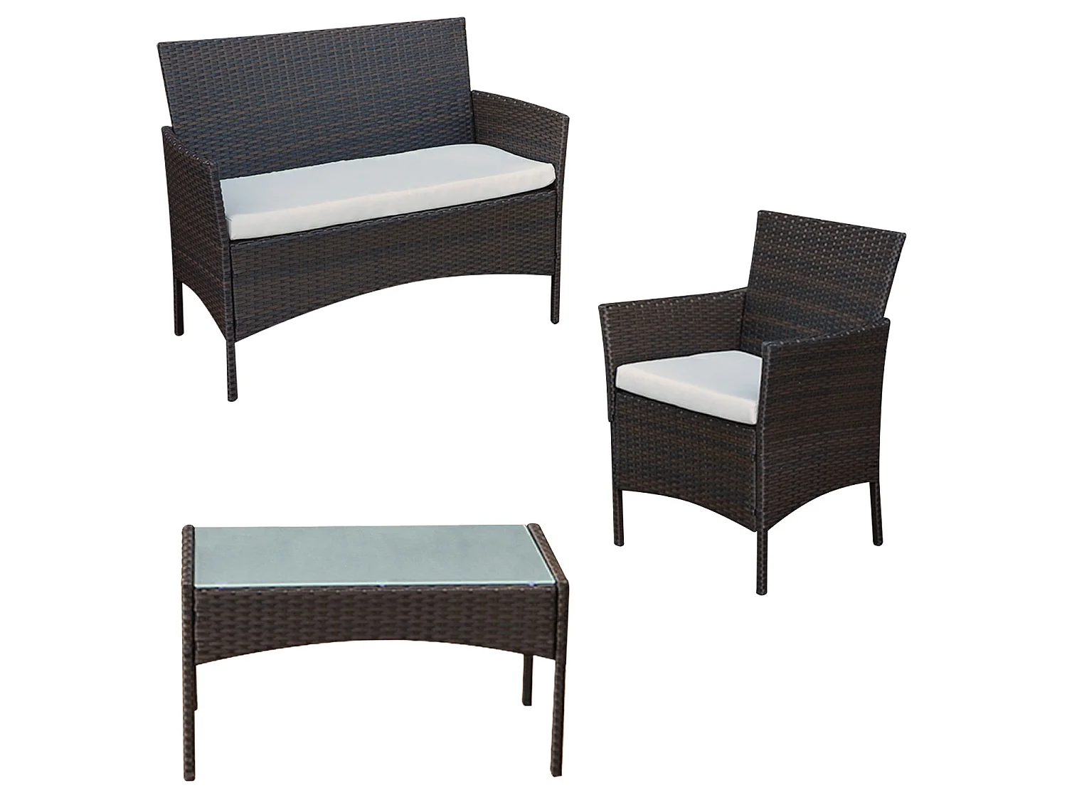 CORFOU tuinset in bruin gevlochten kunststof - 4 zitplaatsen - beige kussens