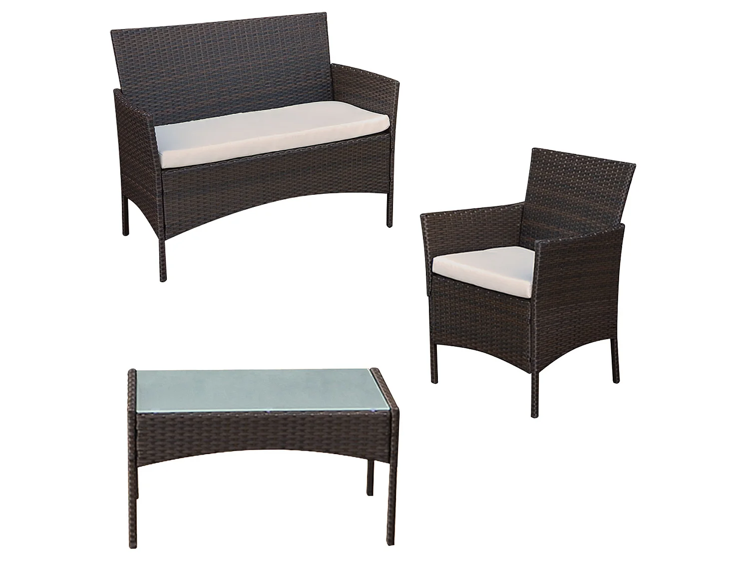 CORFOU tuinset in bruin gevlochten kunststof - 4 zitplaatsen - beige kussens