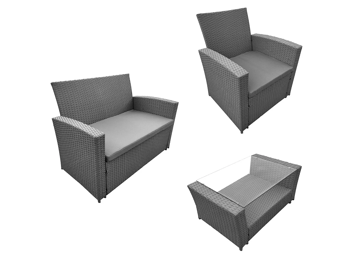 Salon de jardin COMINO en résine tressée grise 4 places - coussins gris - HAPPY GARDEN