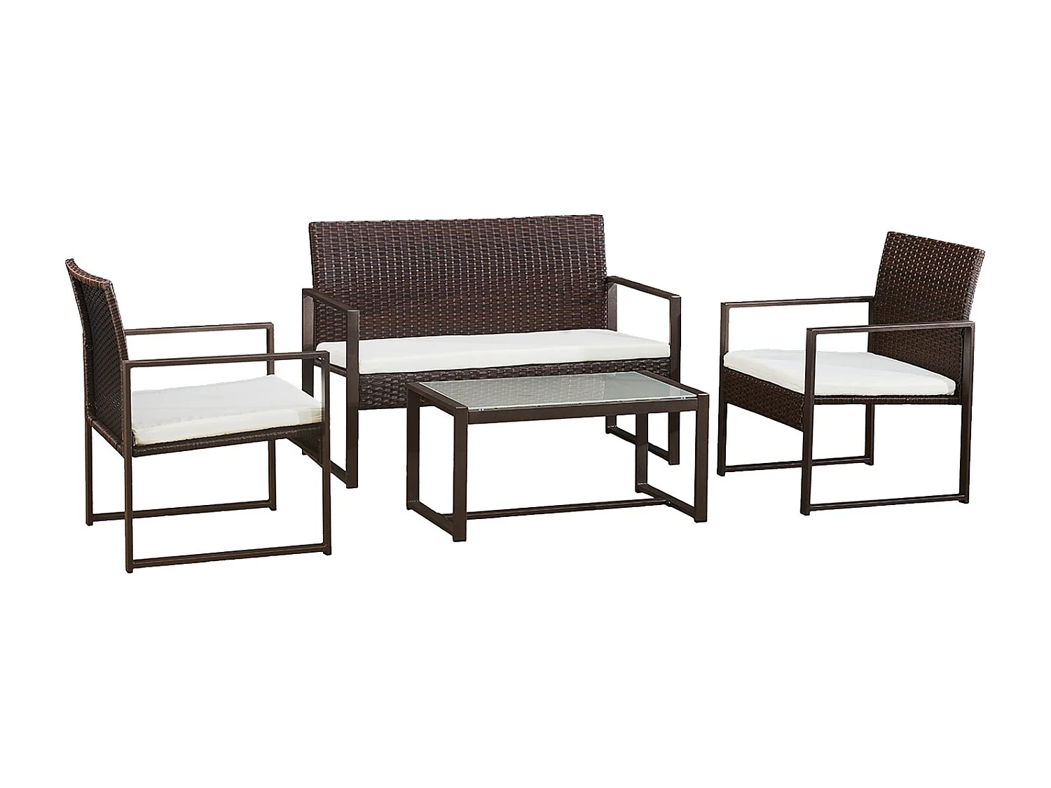 Salon de jardin MAJORQUE en résine tressée marron 4 places - coussins ivoire - HAPPY GARDEN