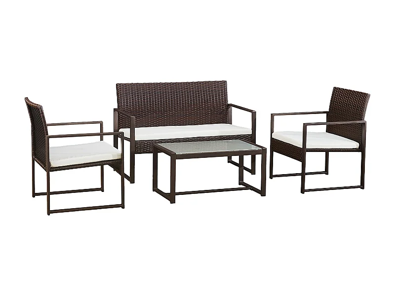 MAJORQUE tuinmeubelset in bruin gevlochten kunststof - 4 zitplaatsen - ivoorkleurige kussens