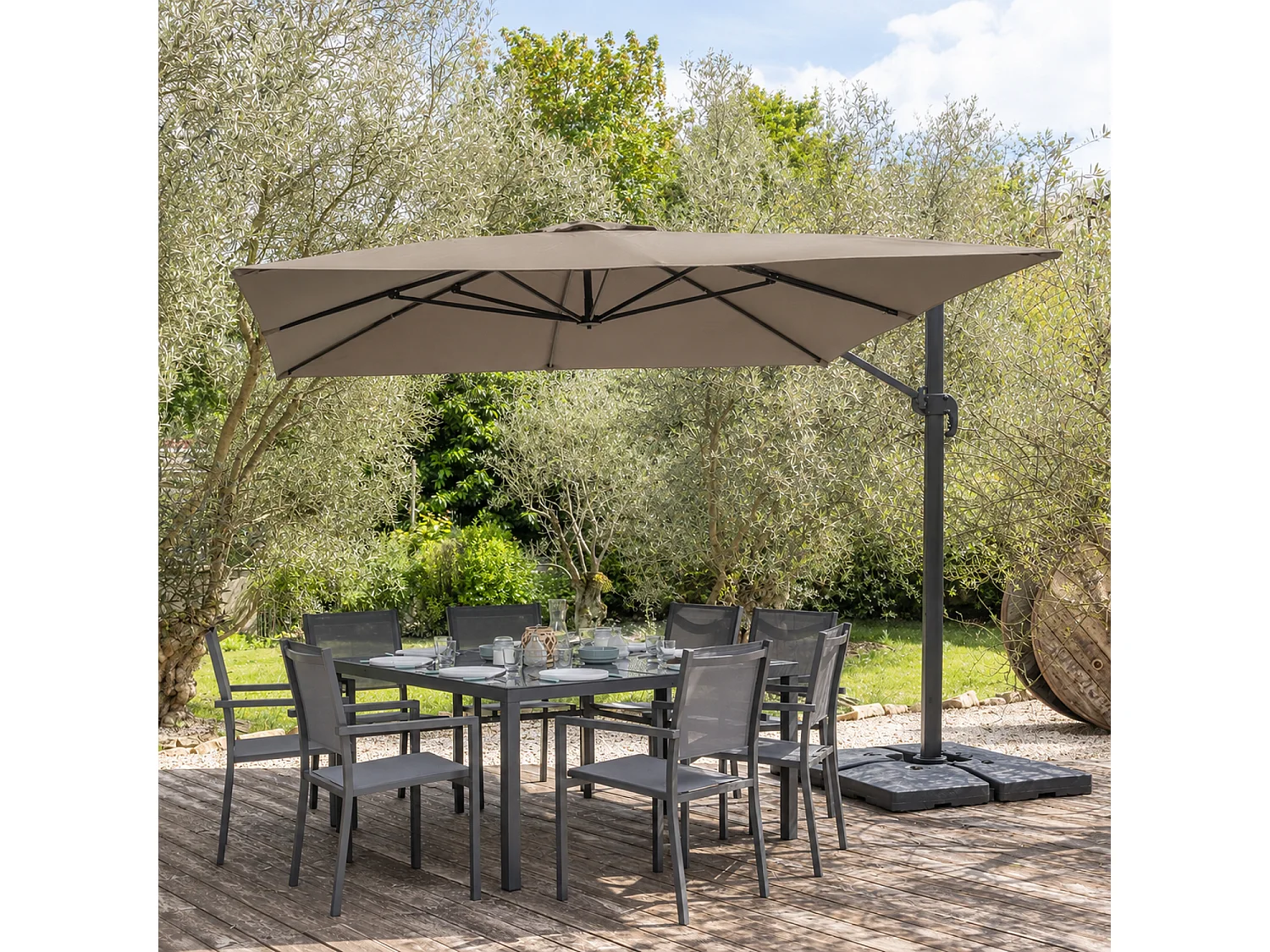 Parasol excéntrico MOLOKAI cuadrado 3x3m topo + funda