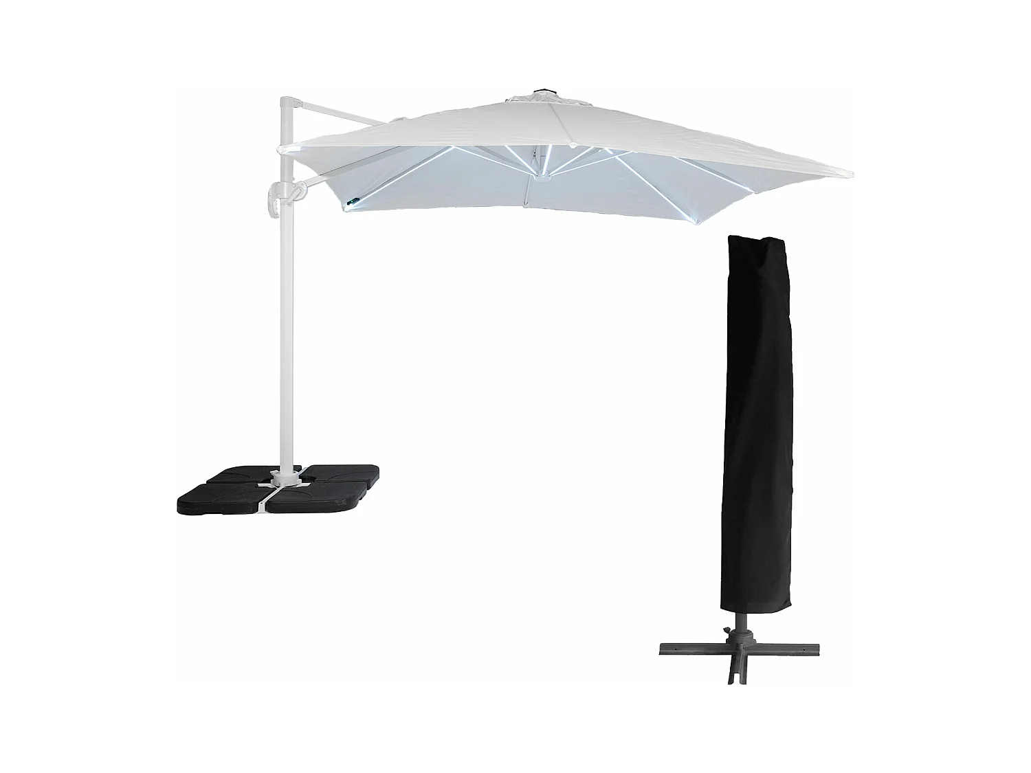 Parasol déporté MOLOKAI carré LED 3x3m blanc + housse - HAPPY GARDEN