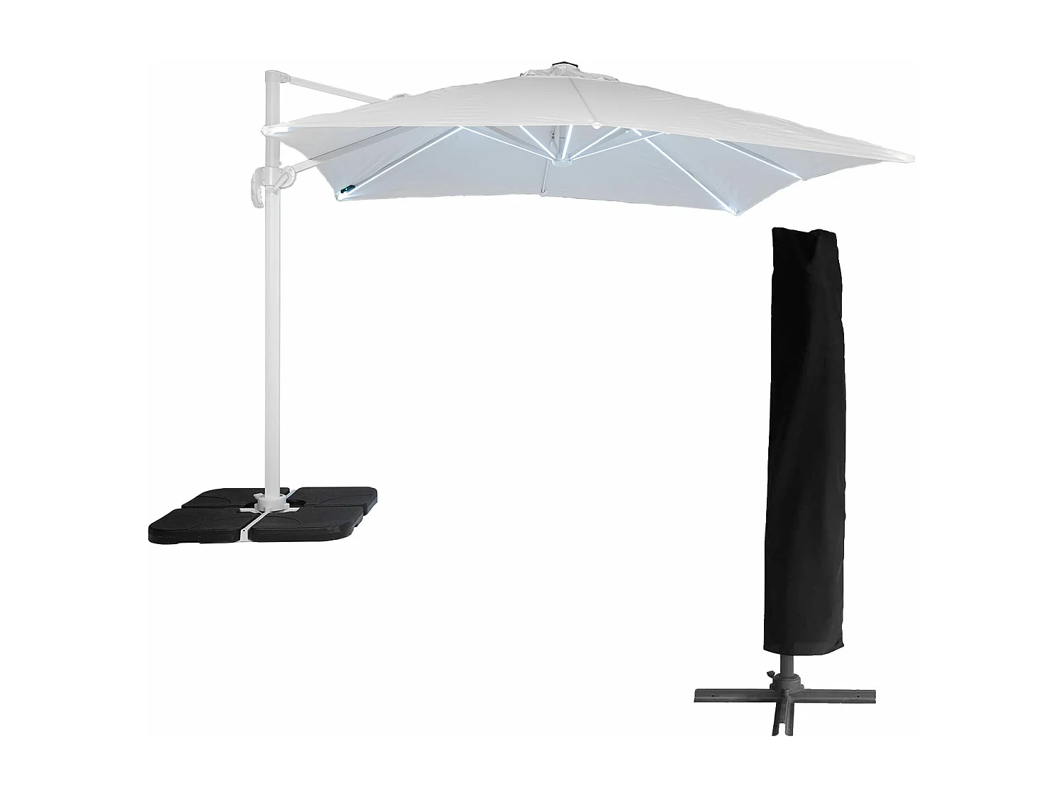 Parasol déporté MOLOKAI carré LED 3x3m blanc + housse - HAPPY GARDEN