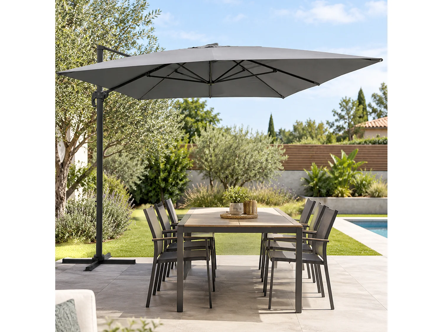 Parasol déporté MOLOKAI rectangulaire 3x4m gris + housse - HAPPY GARDEN