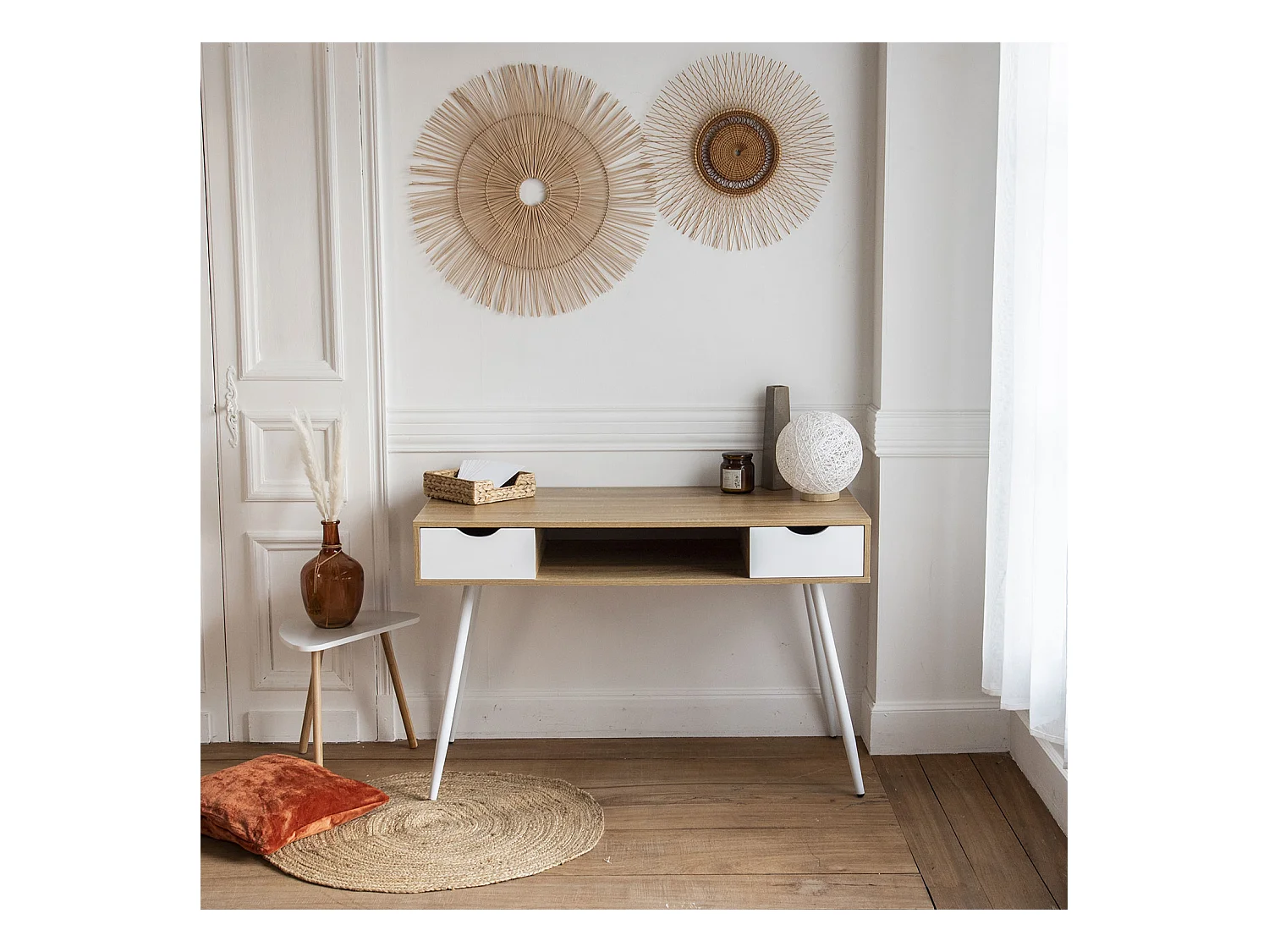 Escritorio escandinavo de madera, cajones blancos BJORN