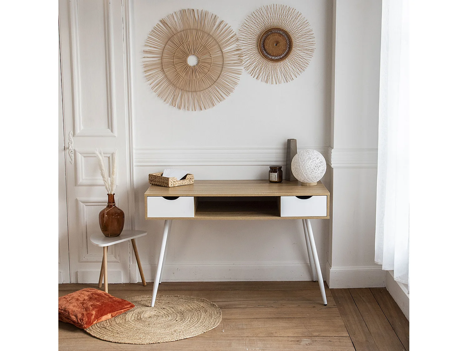 Escritorio escandinavo de madera, cajones blancos BJORN