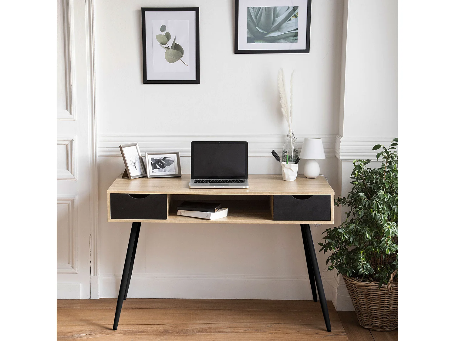 Bureau scandinave bois, tiroirs noirs BJORN - HAPPY GARDEN