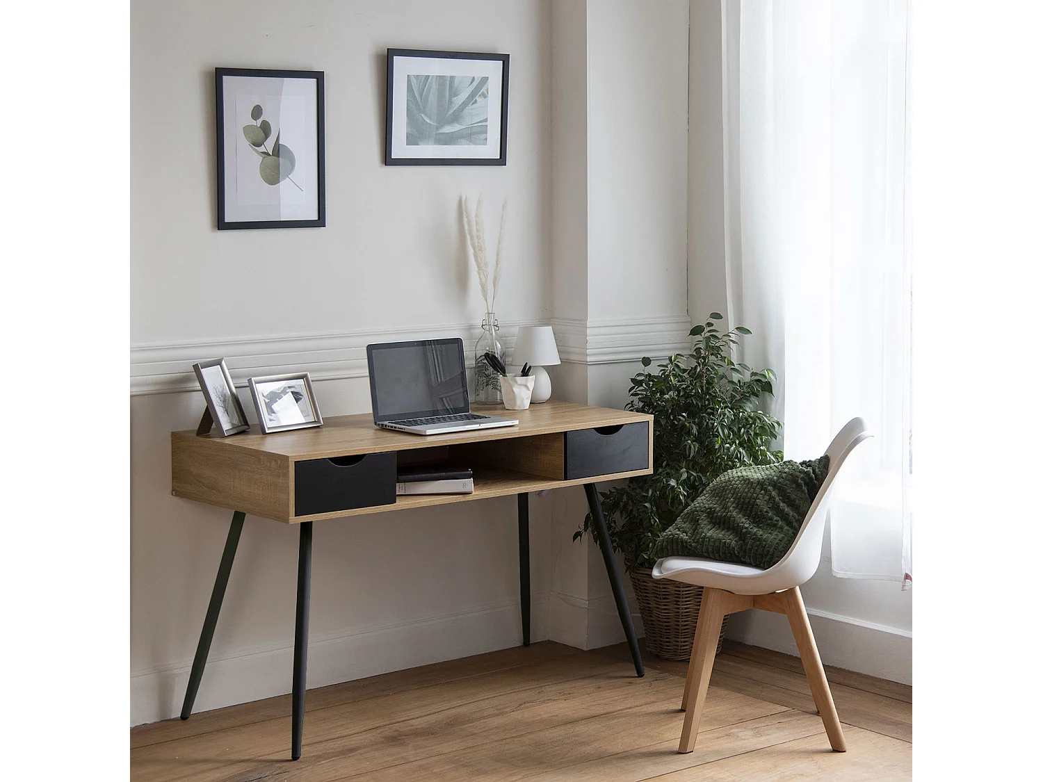 Bureau scandinave bois, tiroirs noirs BJORN - HAPPY GARDEN