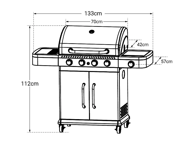 Barbecue au gaz FIDGI 4 avec thermomètre - 4 brûleurs + réchaud 14,5kW - COOK'IN GARDEN