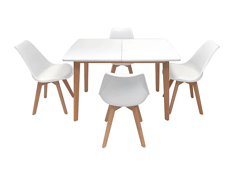 Mesa extensível 120/160cm HELGA e 4 cadeiras NORA branco