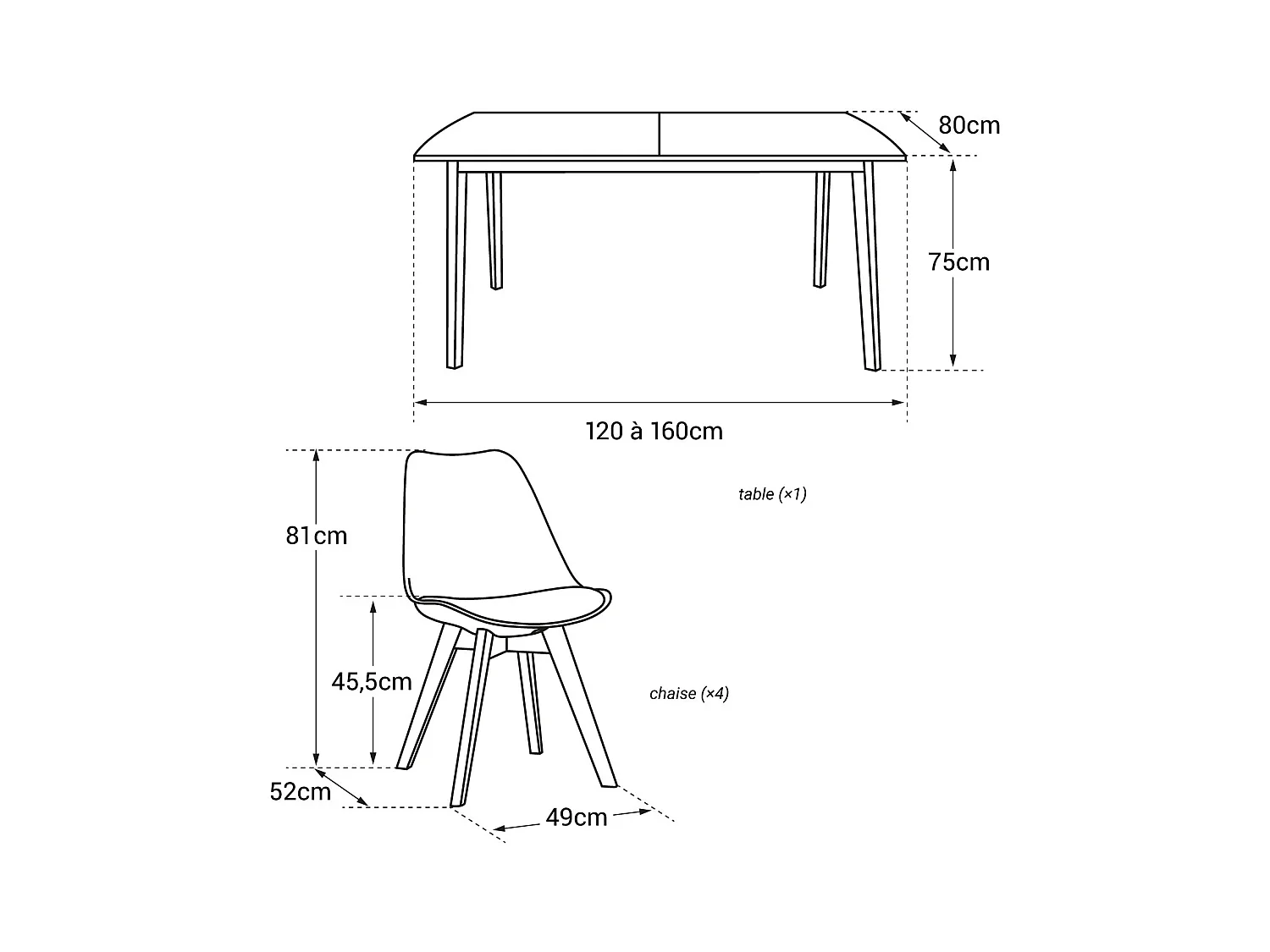 Uittrekbare tafel 120/160cm HELGA en 4 stoelen NORA wit