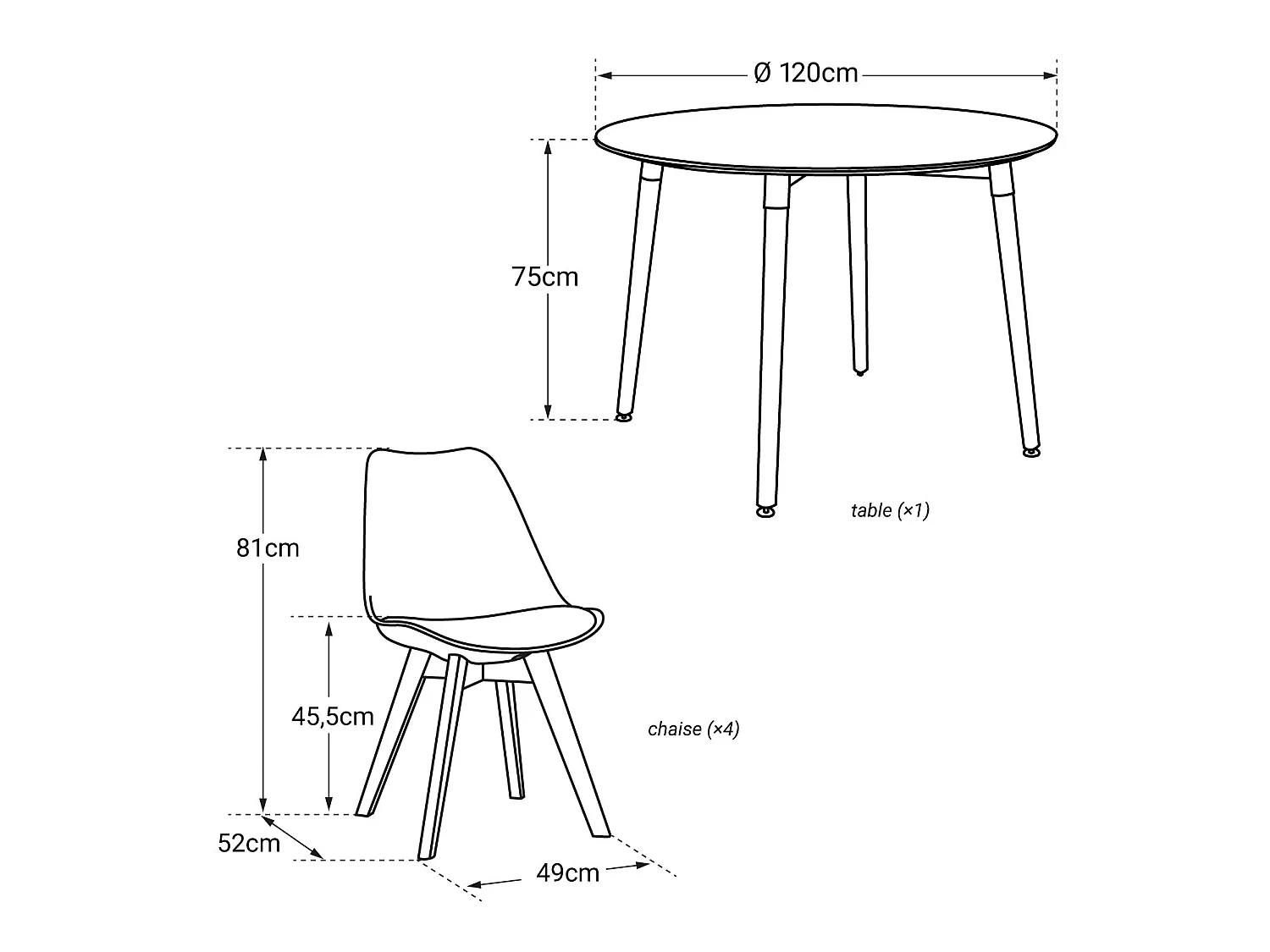 Mesa redonda MARTHA 120cm y 4 sillas NORA blancas