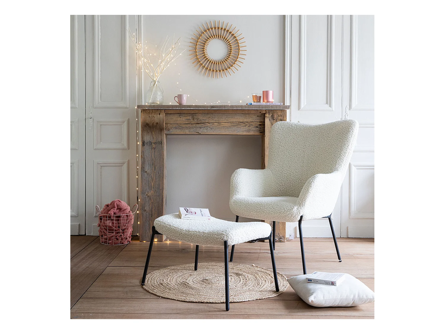 Fauteuil in ecru badstof met voetsteun EIRA
