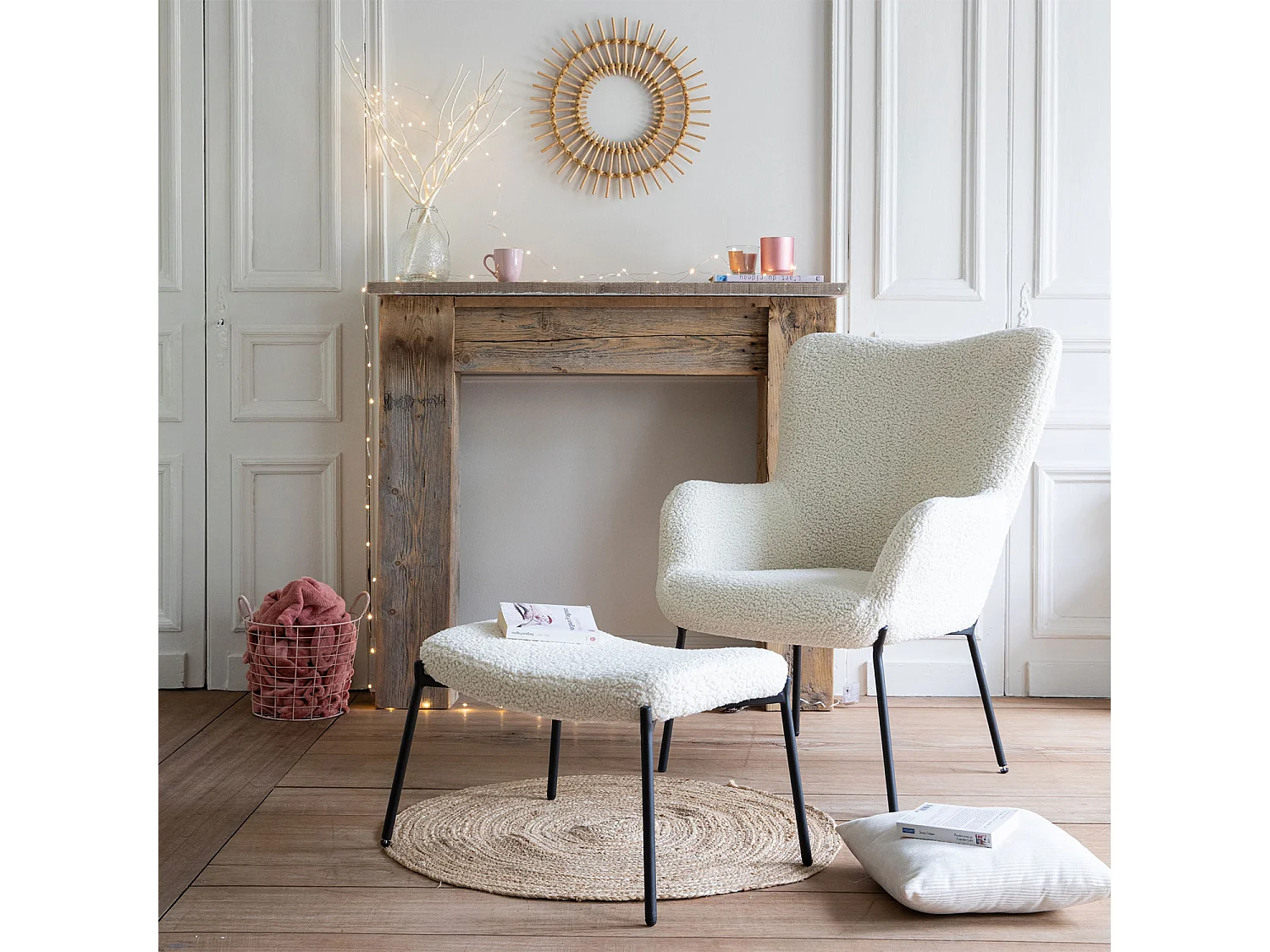 Fauteuil en tissu bouclette écru avec repose-pieds EIRA - HAPPY GARDEN