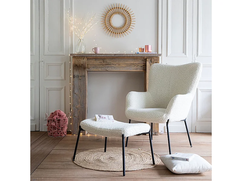 Fauteuil en tissu bouclette écru avec repose-pieds EIRA - HAPPY GARDEN