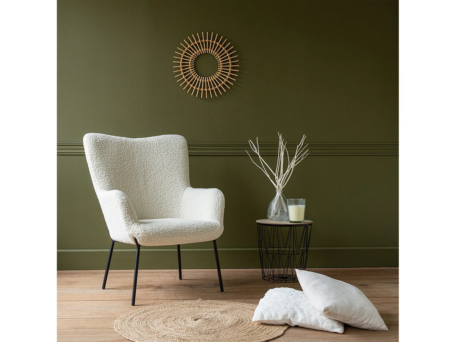 Fauteuil en tissu bouclette écru EIRA - HAPPY GARDEN