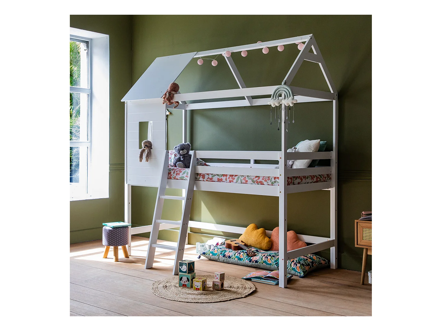 Lit cabane mezzanine pour enfant 190x90cm blanc MARGOT - HAPPY GARDEN
