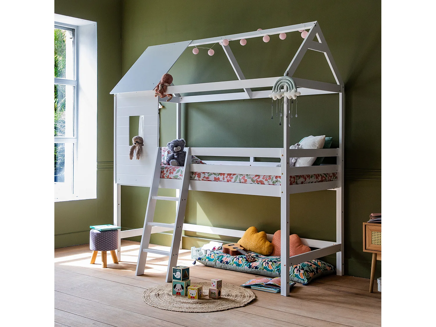 Lit cabane mezzanine pour enfant 190x90cm blanc MARGOT - HAPPY GARDEN