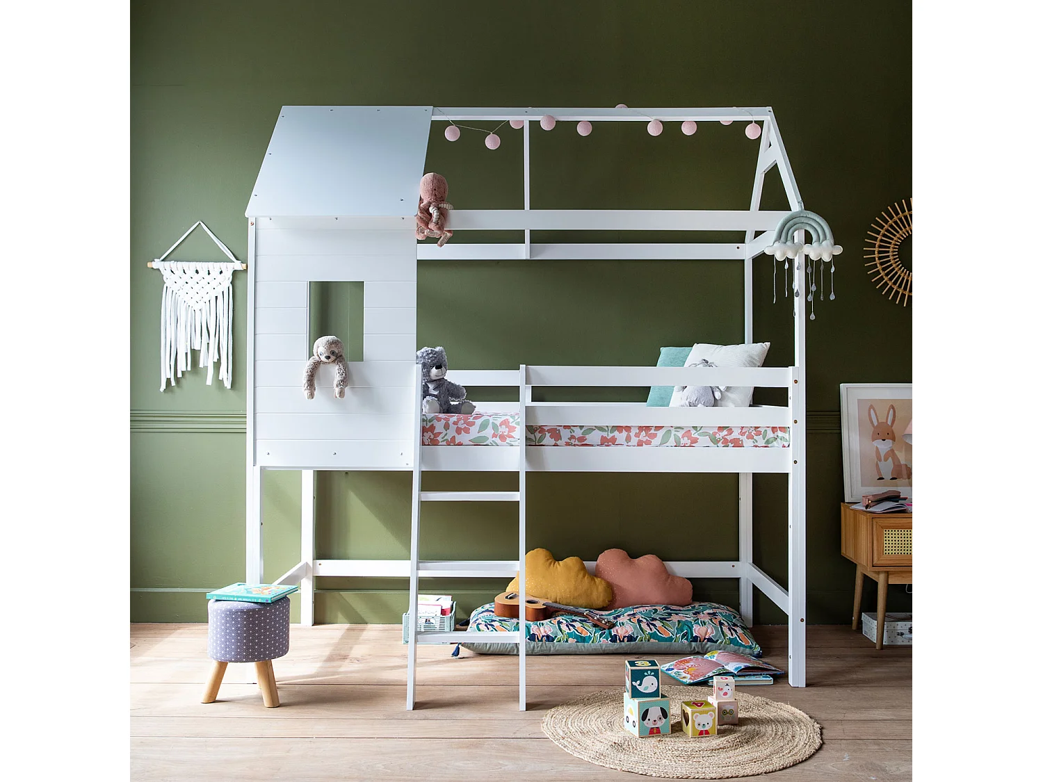Lit cabane mezzanine pour enfant 190x90cm blanc MARGOT - HAPPY GARDEN