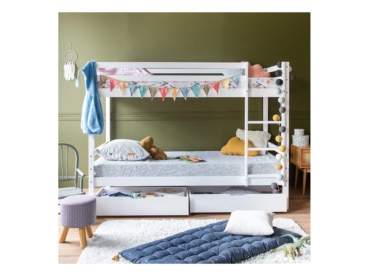 Lits superposés pour enfants 190x90cm blanc avec tiroirs AMBRE - HAPPY GARDEN
