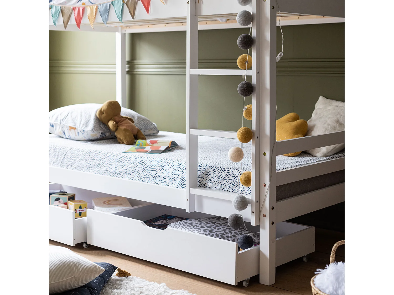 Lits superposés pour enfants 190x90cm blanc avec tiroirs AMBRE - HAPPY GARDEN