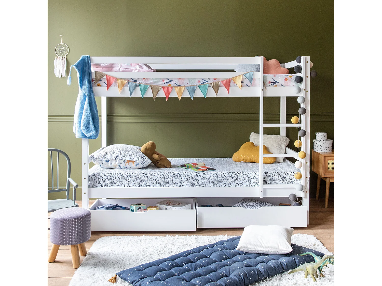 Lits superposés pour enfants 190x90cm blanc avec tiroirs AMBRE - HAPPY GARDEN