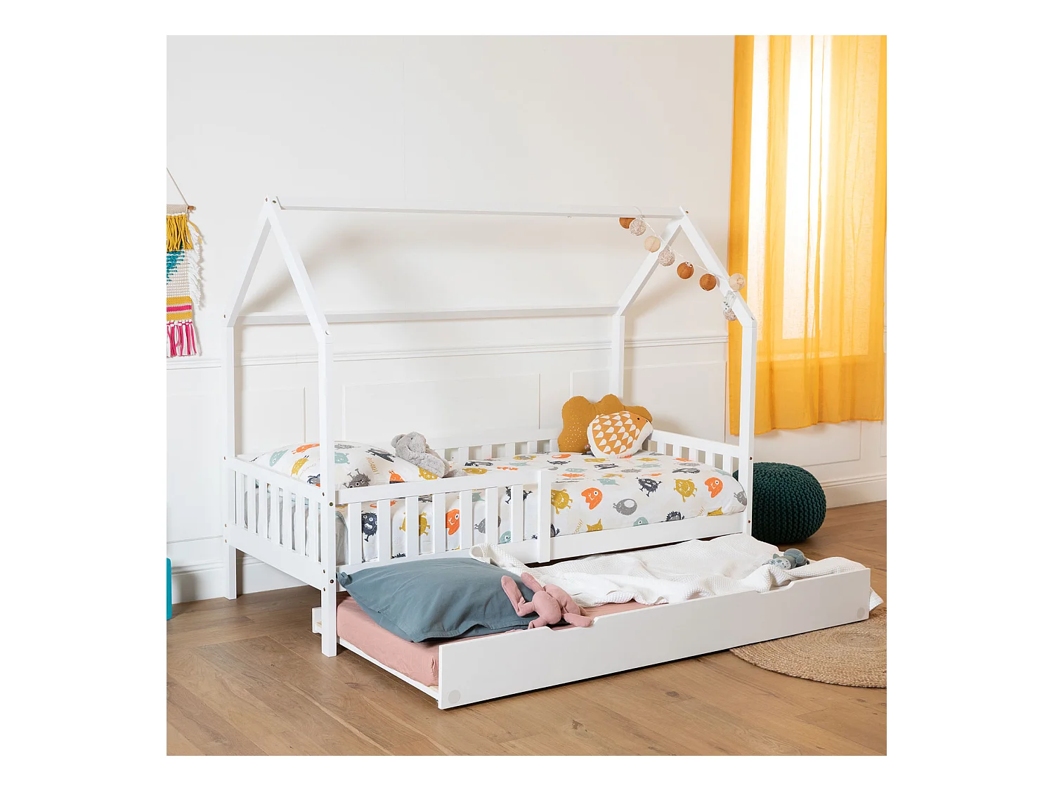 Lit cabane gigogne pour enfant 190x90cm blanc MARCEAU - HAPPY GARDEN