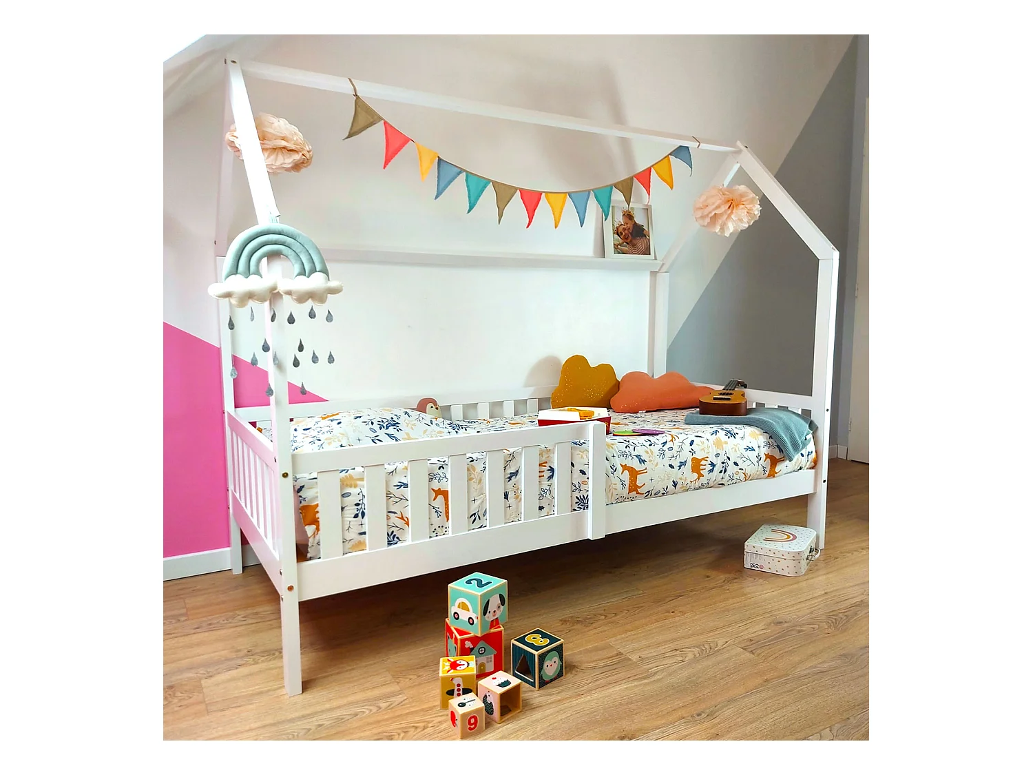 Lit cabane pour enfant 190x90cm blanc MARCEAU - HAPPY GARDEN