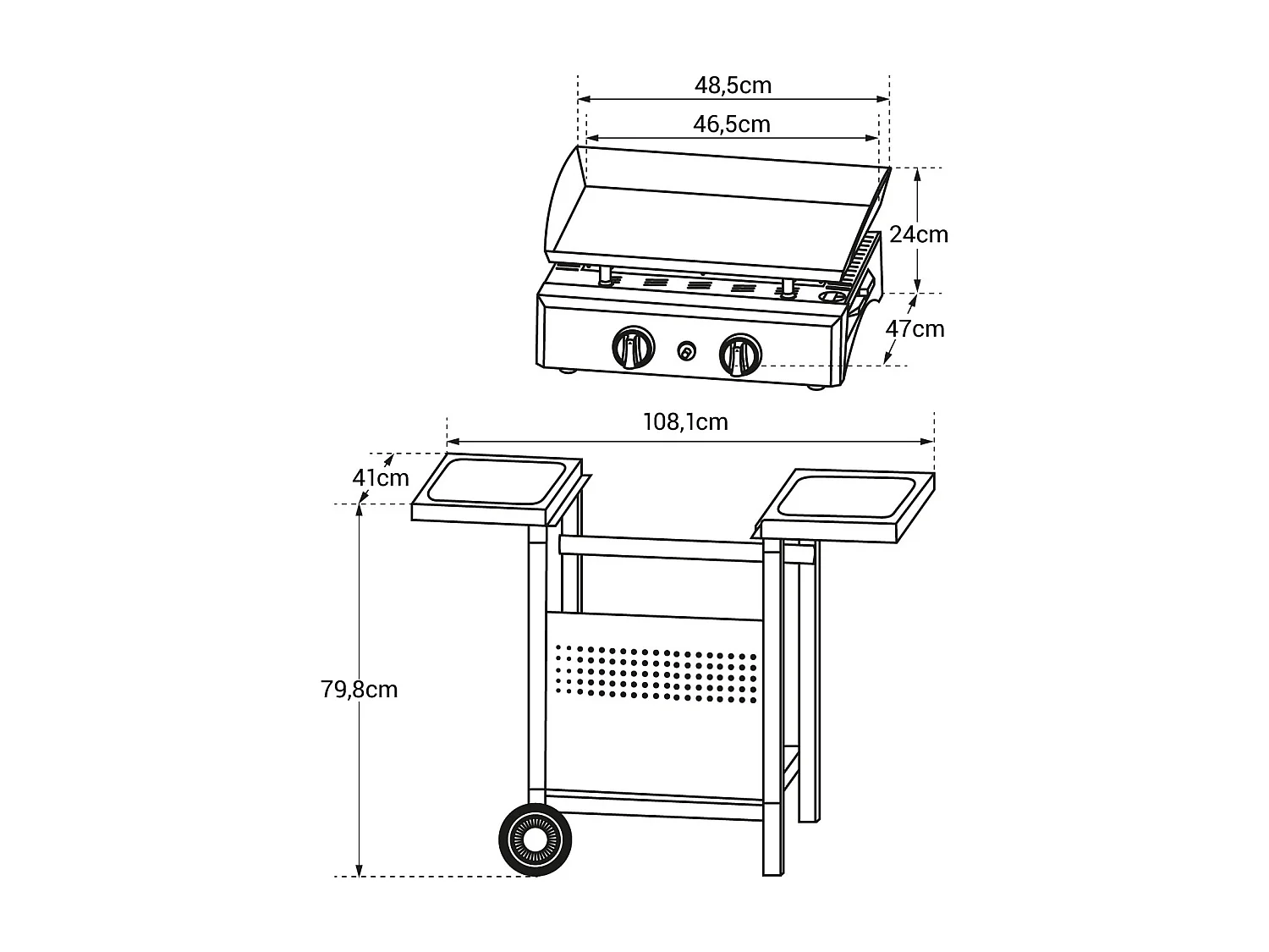 Plancha de gas MALA 2 quemadores 5kW + carrito