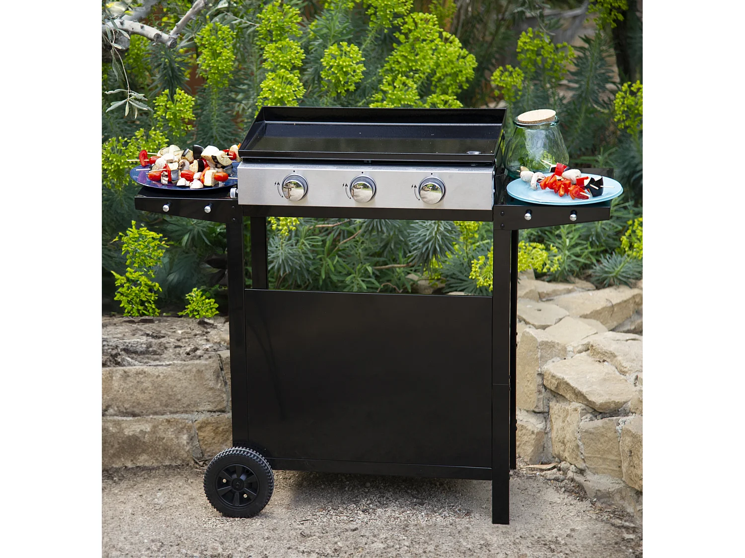 Plancha au gaz MÉRIDA 3 brûleurs + chariot - HAPPY GARDEN