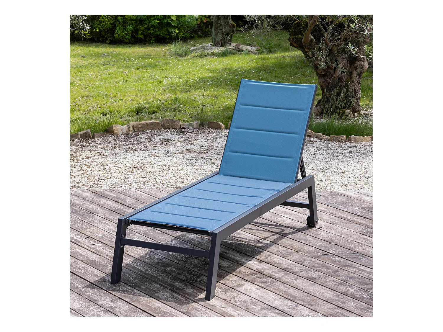 Bain de soleil BARBADOS en textilène bleu gris - aluminium anthracite - HAPPY GARDEN