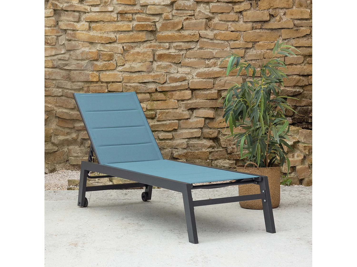 Bain de soleil BARBADOS en textilène bleu gris - aluminium anthracite - HAPPY GARDEN