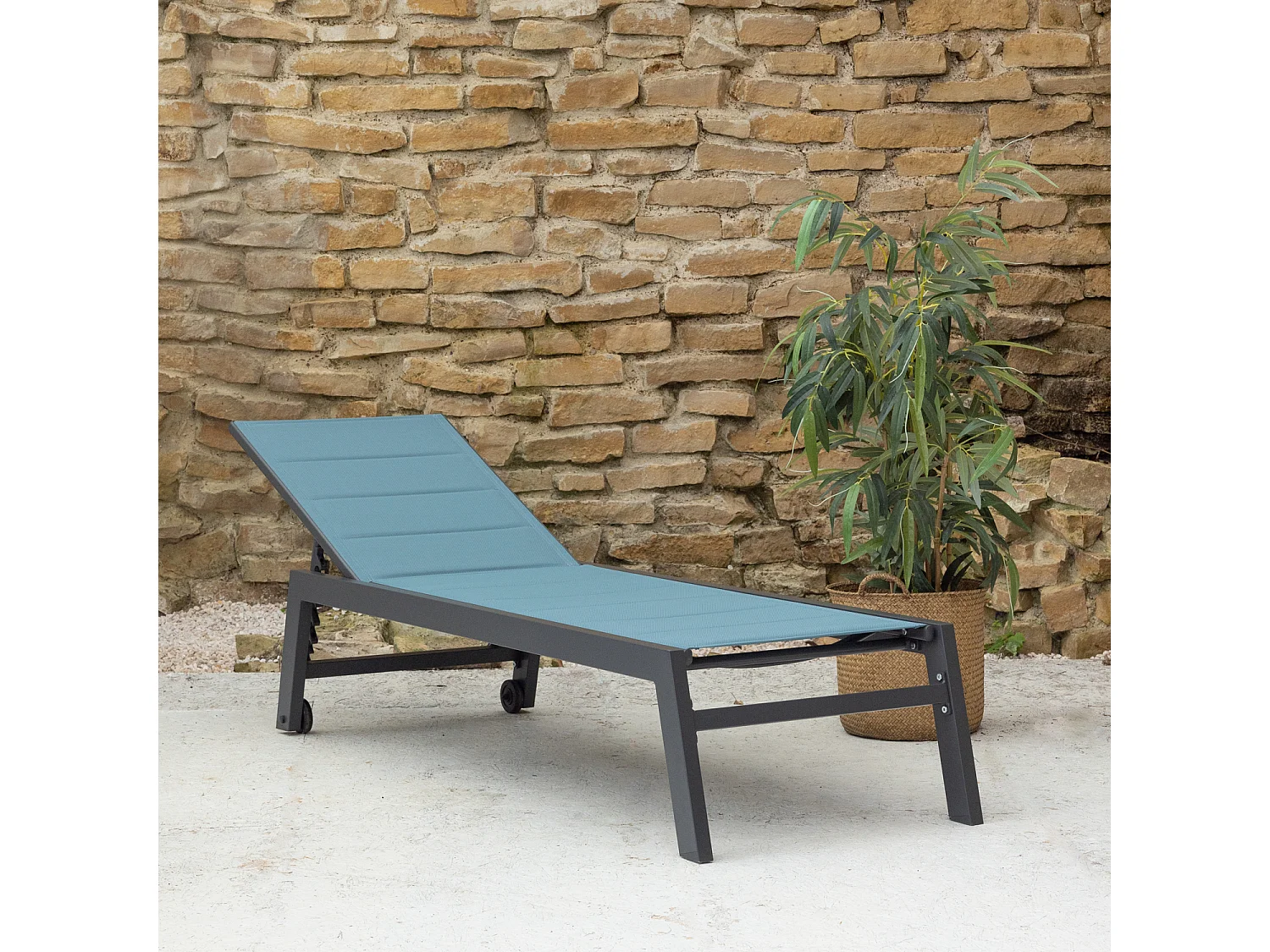 Bain de soleil BARBADOS en textilène bleu gris - aluminium anthracite - HAPPY GARDEN