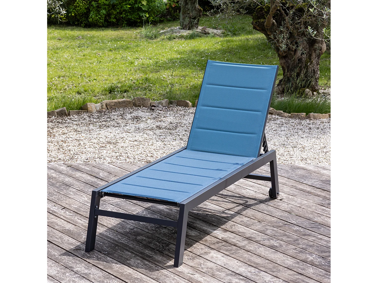 BARBADOS ligstoel in grijs-blauw textilene - antraciet aluminium