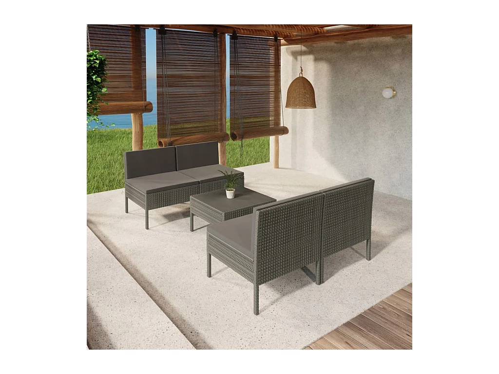Salon de jardin 5 pcs avec coussins résine tressée gris BE62608