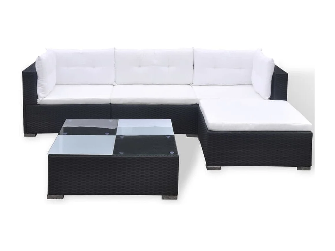 5-tlg. Garten-Sitzgruppe: Sofa + Tisch | Garten-Lounge-Set mit Kissen Poly Rattan Schwarz -GKD444847