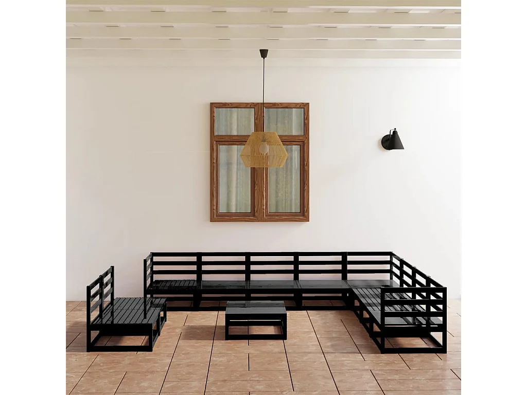 Salon de jardin 11 pcs noir bois de pin massif BE70388