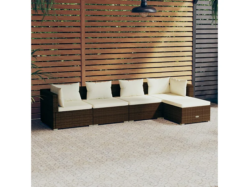 5 pcs conjunto lounge jardim c/ almofadões vime PE castanho PT22623